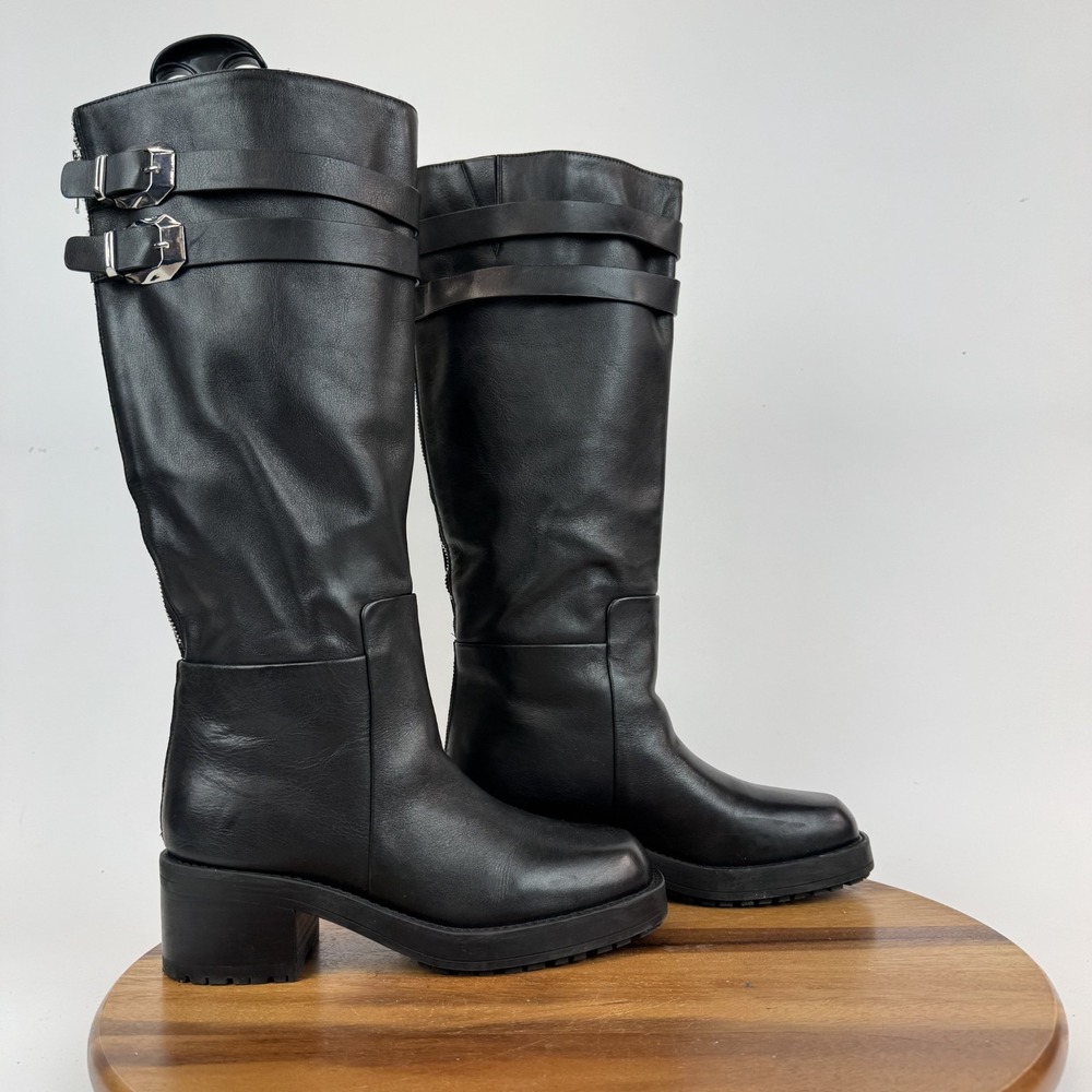 Womens Marc Fisher Dariya Black Leather Chunky Sole Heeled Riding Boots Size 7.5